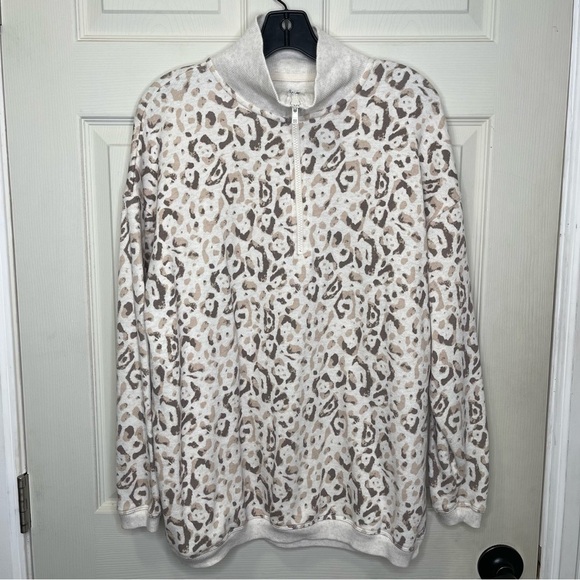 Aerie Leopard Cheetah Print Tan Cream Oversized Pullover 1/4 Zip Sweatshirt XS - Picture 1 of 5